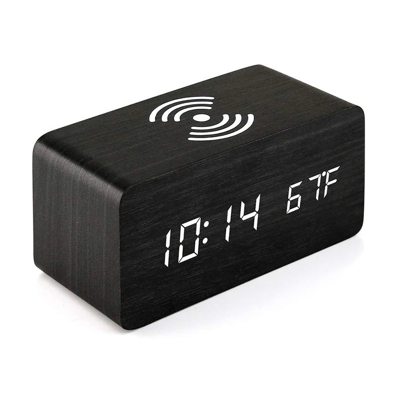 Wooden Digital Alarm Clock with Wireless Charging, LED Clock with Time, Date,Temperature, Desk Clocks for Office,Bedside Clock