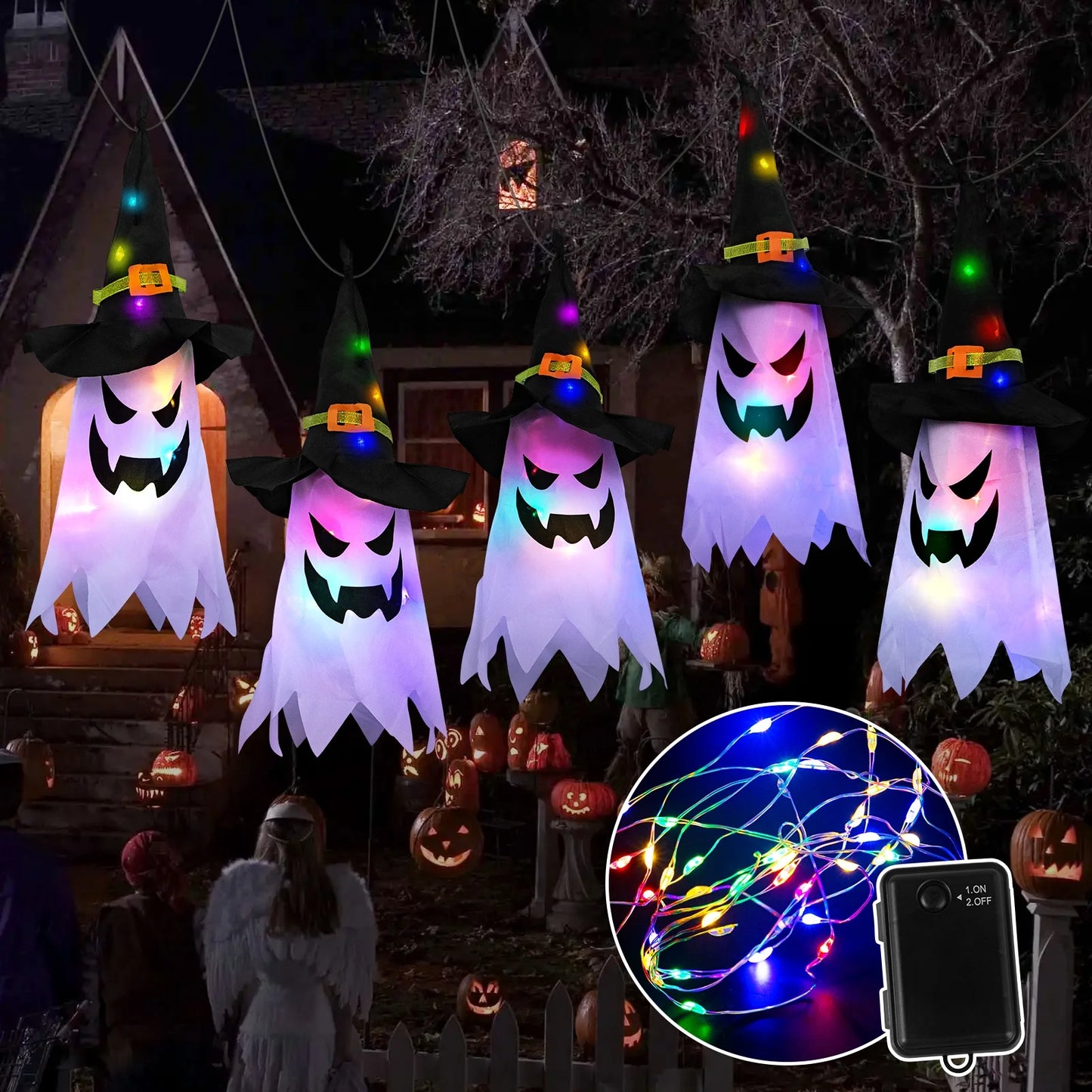 Halloween Decorations Hanging Outdoor String Lights Glowing Ghost Witch Hat Indoor Ornaments Halloween Lights for Home Tree Garden Yard (5 Pcs)