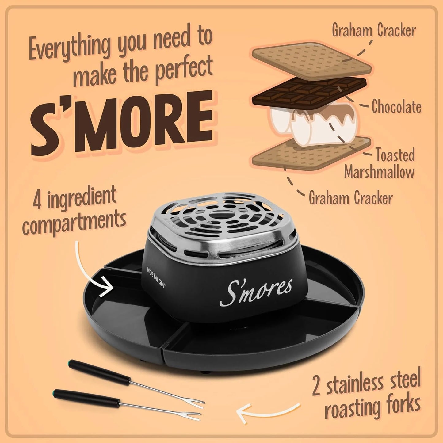 Indoor Deluxe Electric Smores Maker Smores Kit with 4 Marshmallows Roasting Forks, Brown